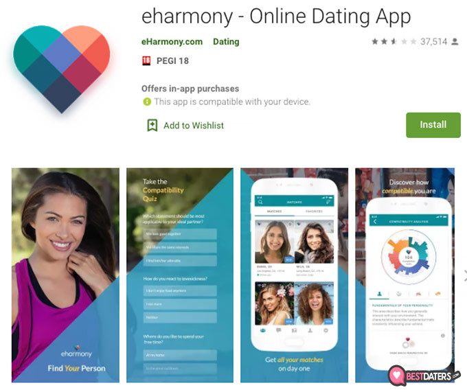 Revisões da eHarmony: aplicativo móvel.