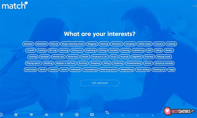 Análise do Match.com: forneça seus interesses.