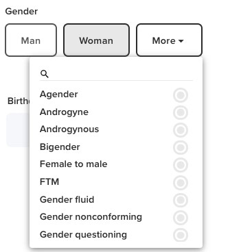 Revisões do Tinder: opções de gênero.