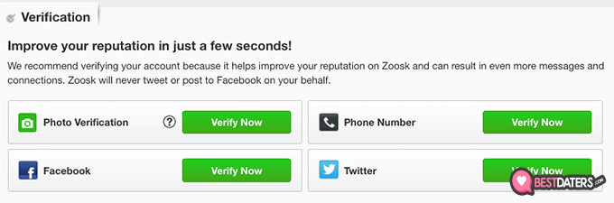 Ulasan Zoosk: metode verifikasi.